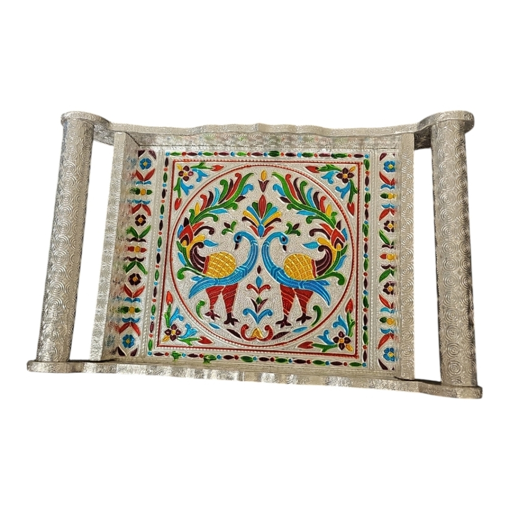 Hand Crafted Silver-tone  Multicolor Peacock Serving Tray